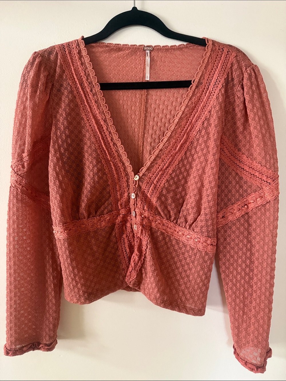 Free People Lace-Trim V-Neck Blouse in Dusty Coral